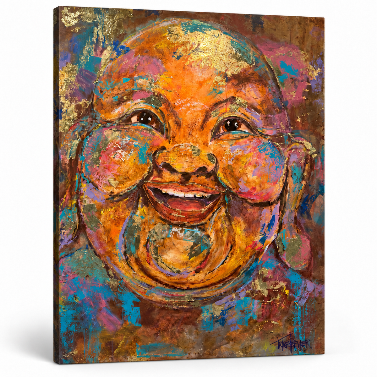 A Golden Kind of Happy, whole original Buddha painting on a square white background
