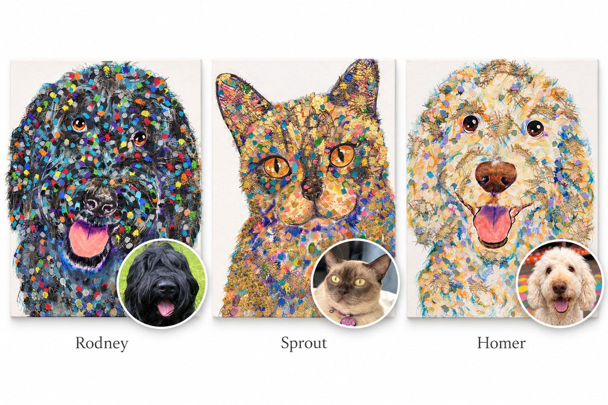 Rodney, Sprout and Homer pet portraits, each with a small photograph of the actual pet
