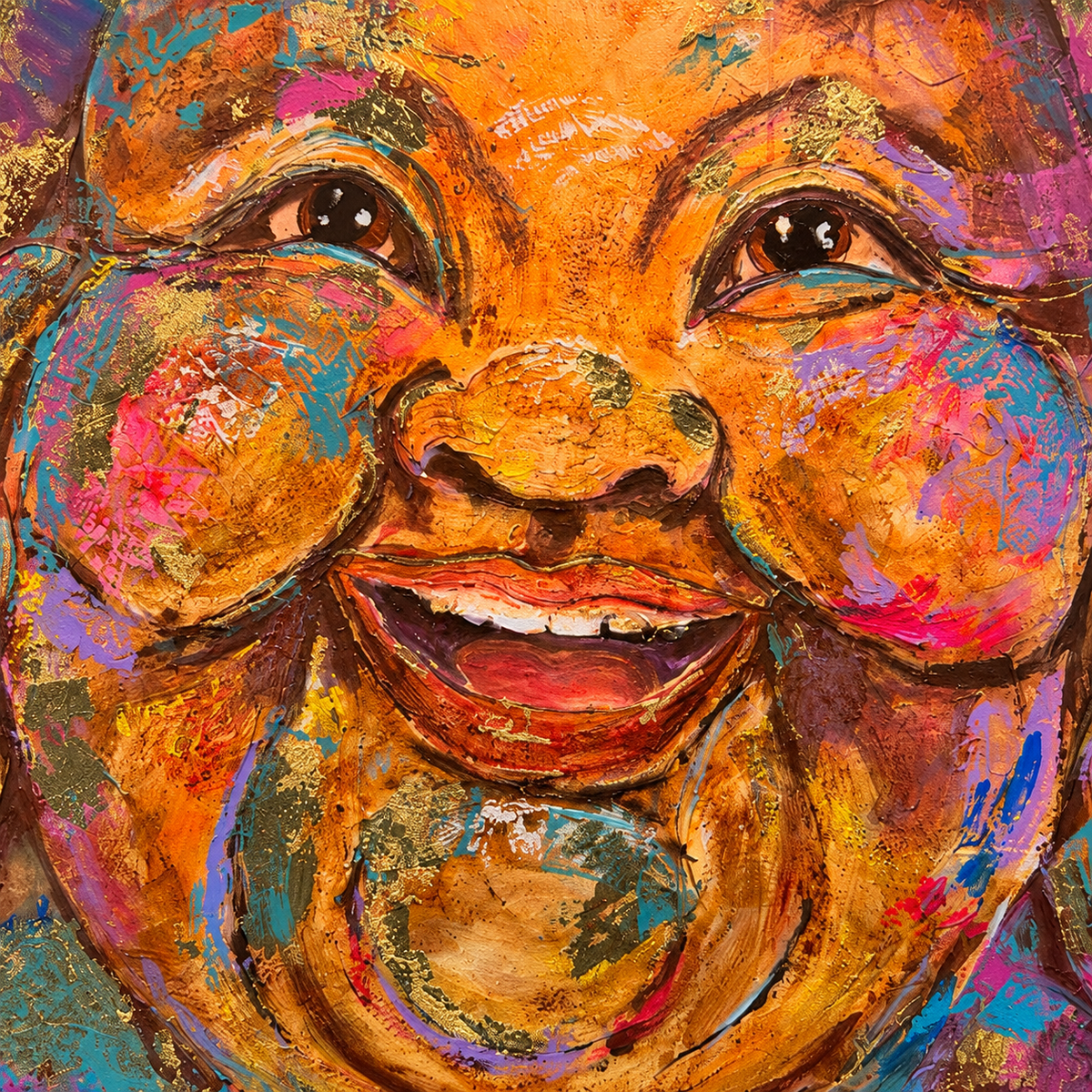 Close-up of the smile, colourful acrylic texture and gold leaf in A Golden Kind of Happy