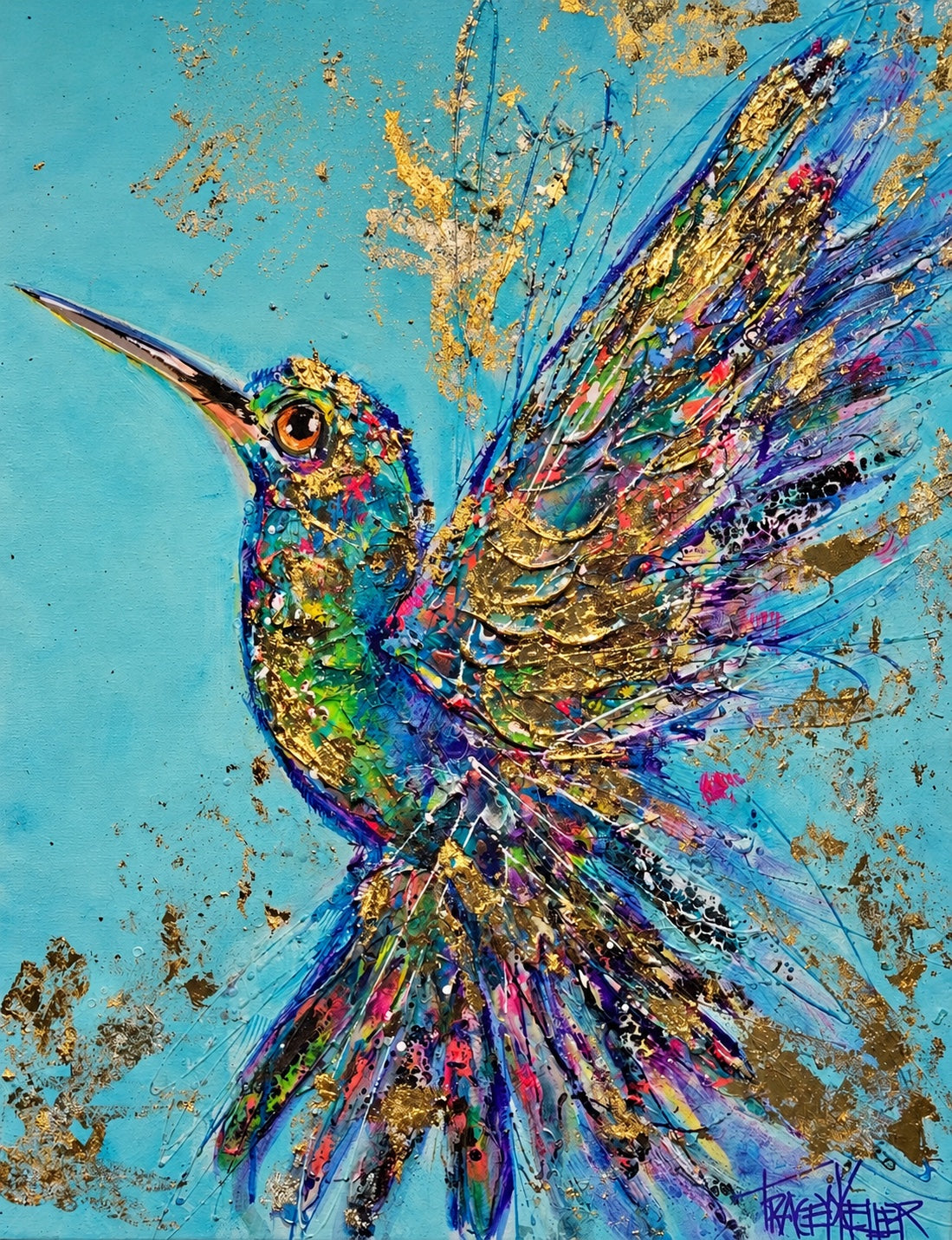 The Nectar Seeker – original hummingbird painting in acrylic, gold leaf and silver leaf, 76 × 60 cm