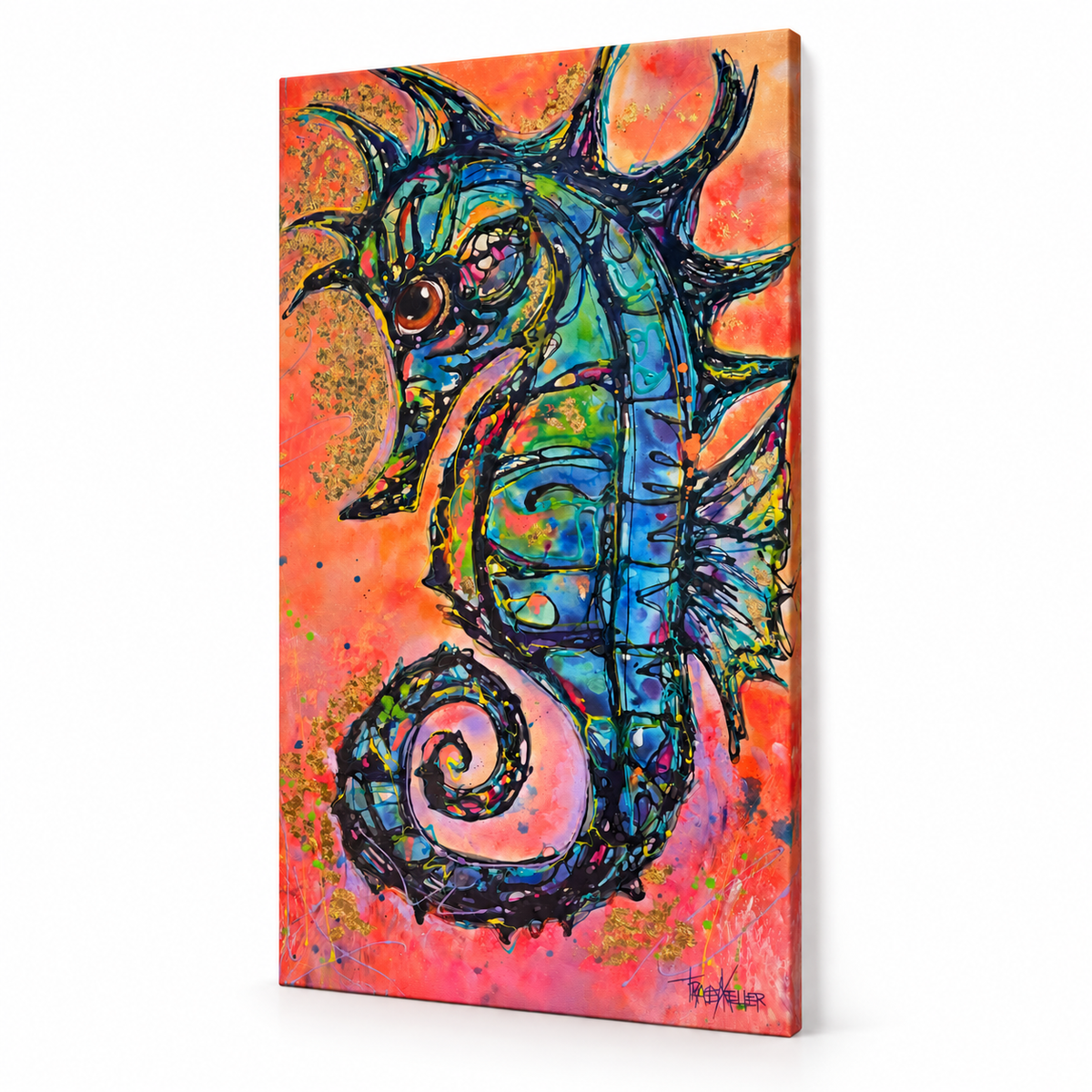 Complete seahorse painting at a slight angle on a square white background, with all canvas edges visible