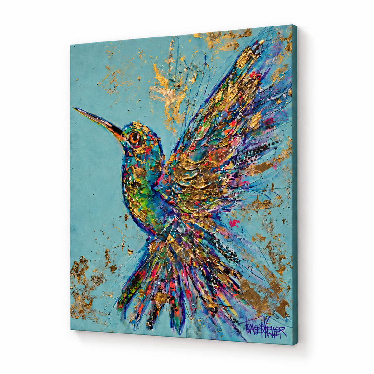 Complete hummingbird painting at a slight angle on a square white background, with all canvas edges visible